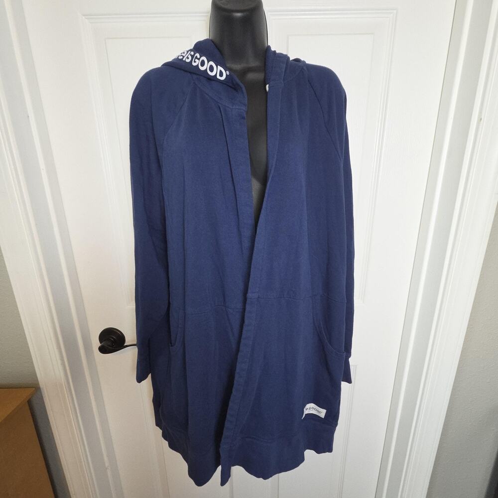 Life Is Good Cardigan Sweater Womens XL Blue Hooded Terry Open Front Pockets